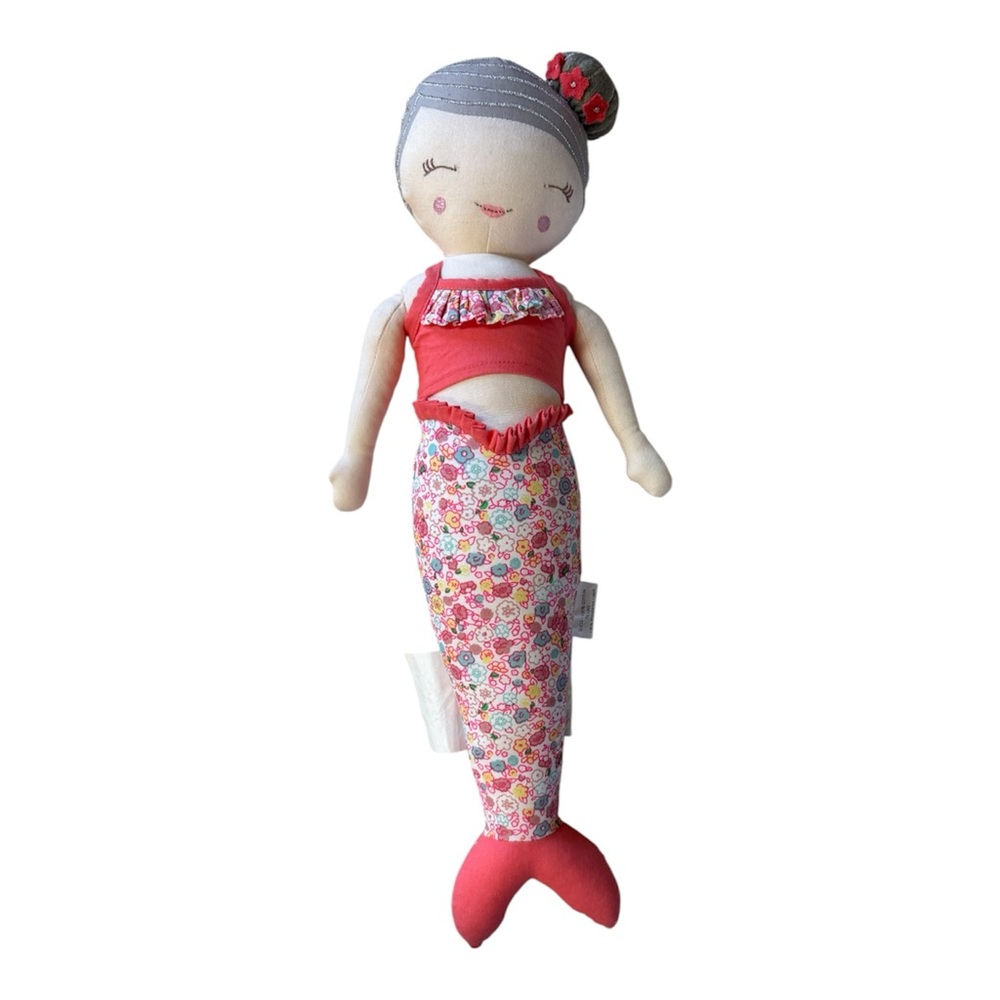 Mermaid Plush Doll Nursery Decor Pillow 19” Cotton Floral - Picture 2 of 6